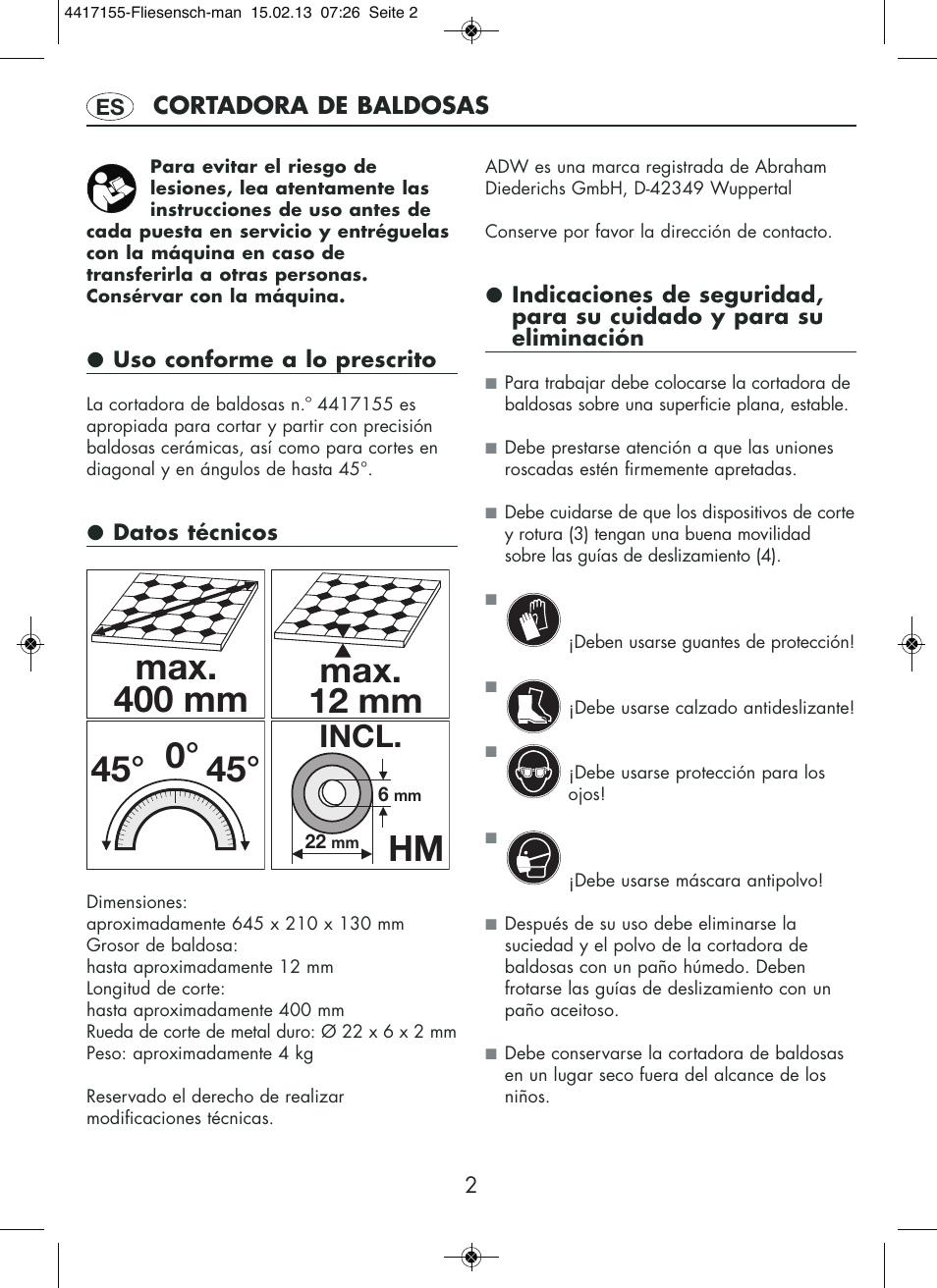 Max. 400 mm, 45° 0° hm, Max. 12 mm | Incl | Powerfix Tile Cutter User Manual | Page 2 / 12