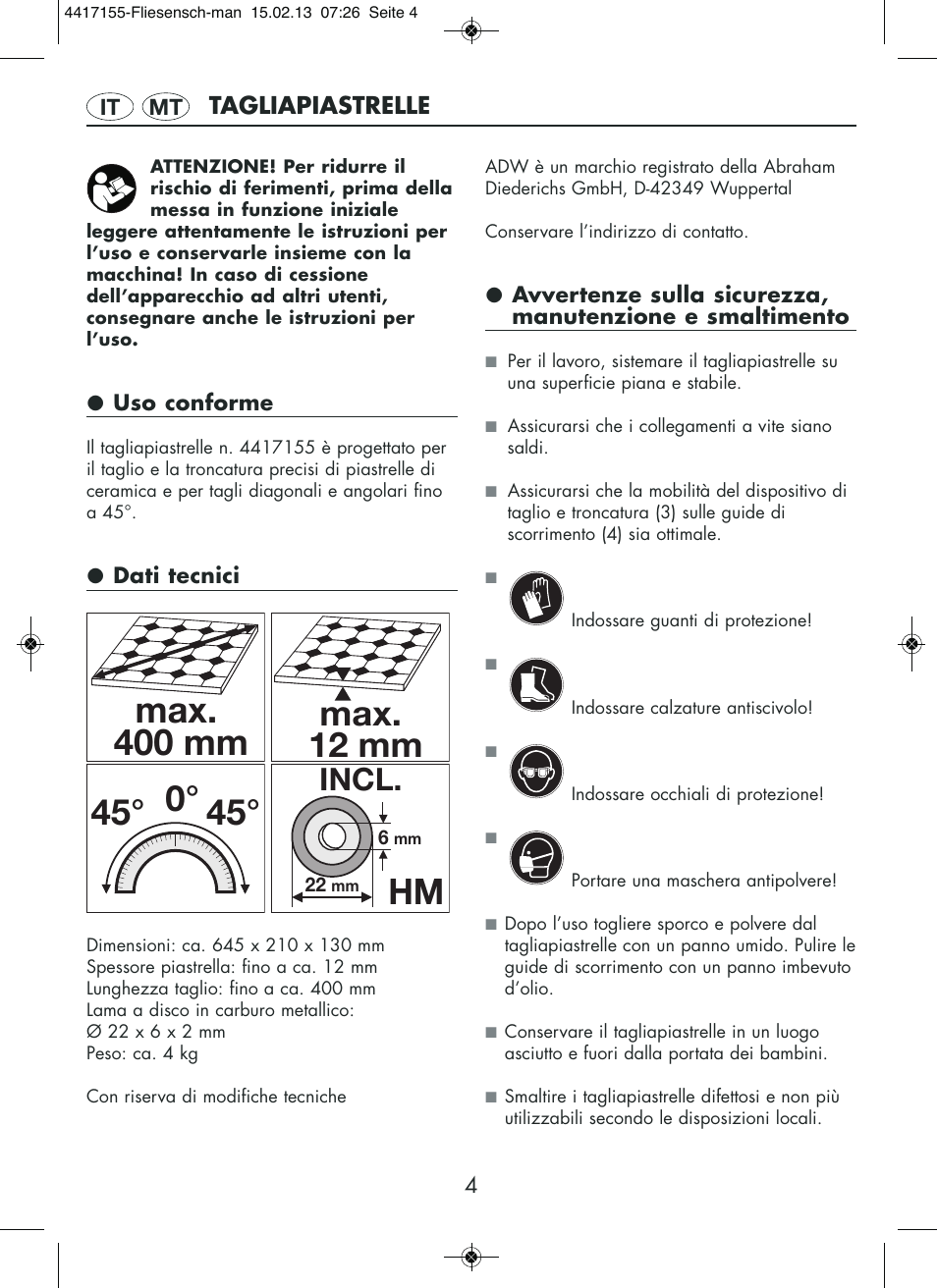 Max. 400 mm, 45° 0° hm, Max. 12 mm | Incl | Powerfix Tile Cutter User Manual | Page 4 / 12