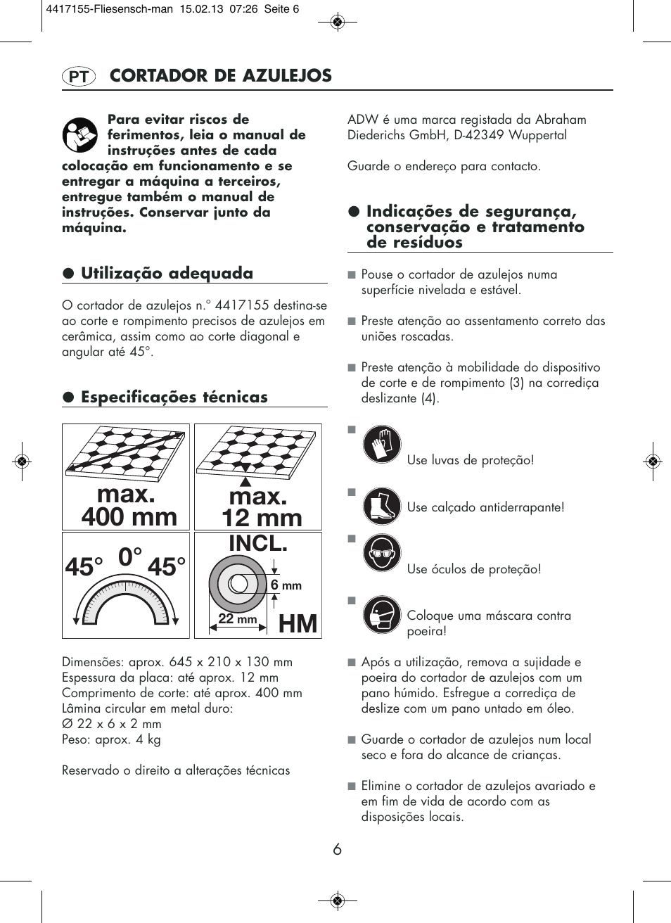 Max. 400 mm, 45° 0° hm, Max. 12 mm | Incl | Powerfix Tile Cutter User Manual | Page 6 / 12