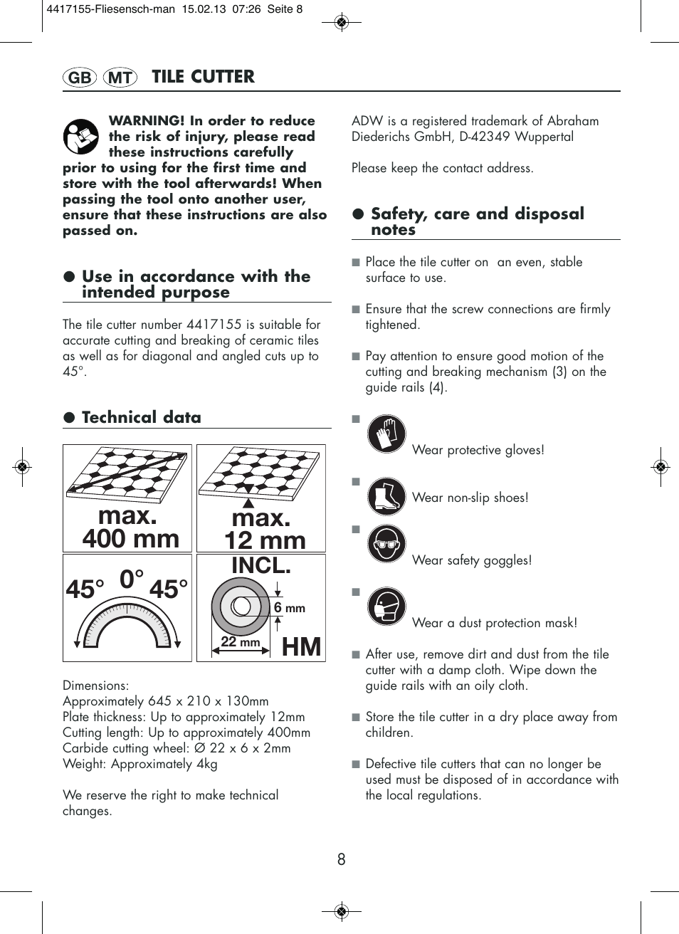 Max. 400 mm, 45° 0° hm, Max. 12 mm | Incl | Powerfix Tile Cutter User Manual | Page 8 / 12