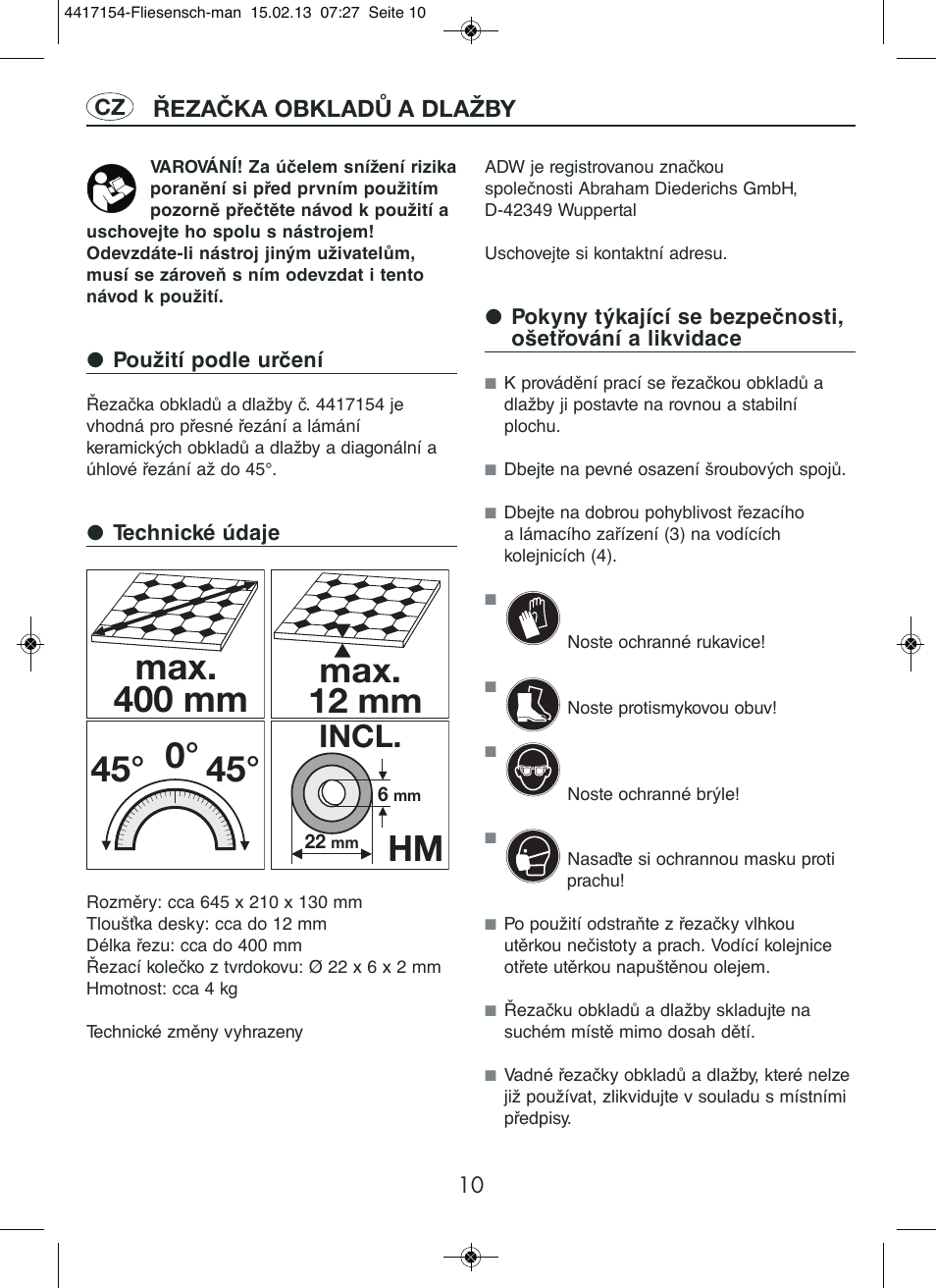 Max. 400 mm, 45° 0° hm, Max. 12 mm | Incl | Powerfix Tile Cutter User Manual | Page 10 / 16