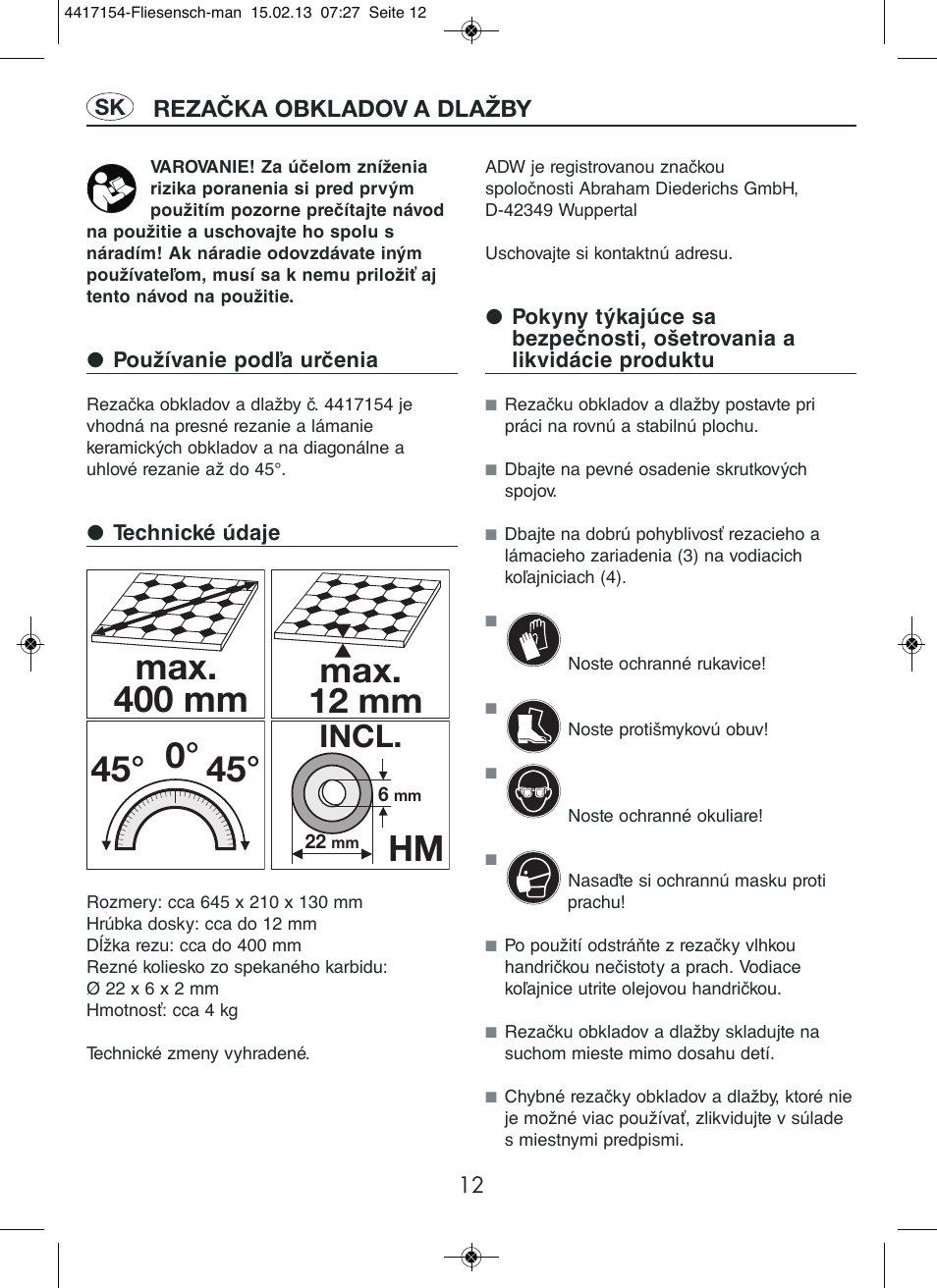 Max. 400 mm, 45° 0° hm, Max. 12 mm | Incl | Powerfix Tile Cutter User Manual | Page 12 / 16