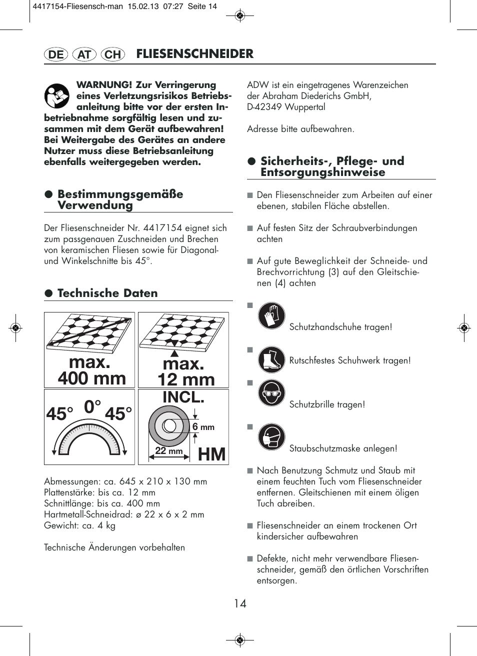 Max. 400 mm, 45° 0° hm, Max. 12 mm | Incl | Powerfix Tile Cutter User Manual | Page 14 / 16