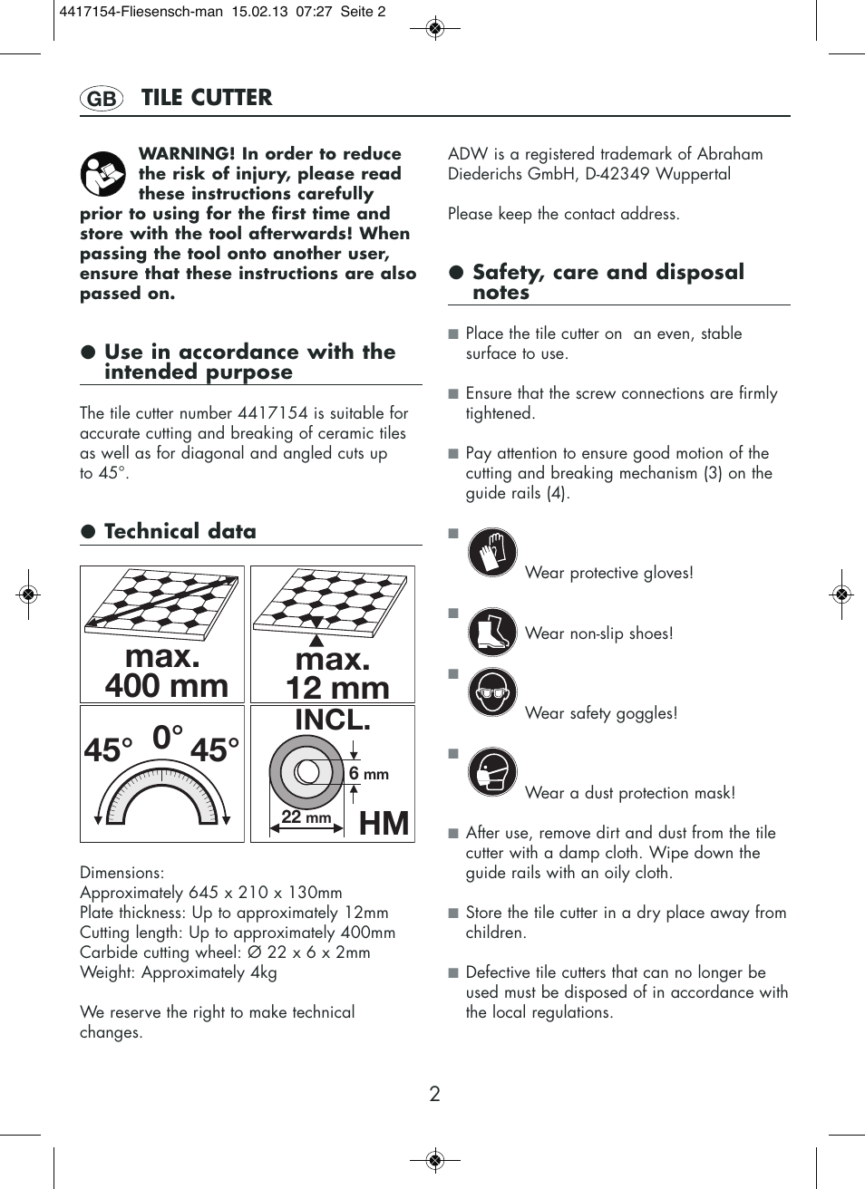 Max. 400 mm, 45° 0° hm, Max. 12 mm | Incl | Powerfix Tile Cutter User Manual | Page 2 / 16