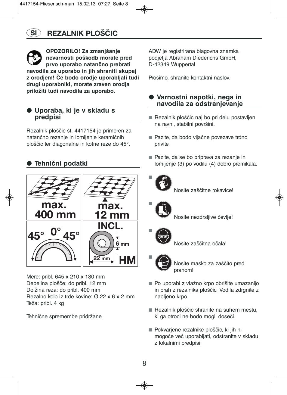 Max. 400 mm, 45° 0° hm, Max. 12 mm | Incl | Powerfix Tile Cutter User Manual | Page 8 / 16