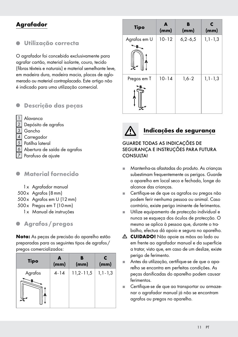 Agrafador, Utilização correcta, Descrição das peças | Material fornecido, Agrafos / pregos, Indicações de segurança | Powerfix  Z16531 User Manual | Page 11 / 20