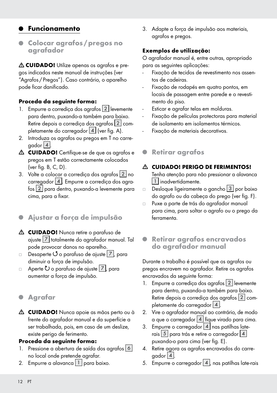 Funcionamento, Colocar agrafos / pregos no agrafador, Ajustar a força de impulsão | Agrafar, Retirar agrafos, Retirar agrafos encravados do agrafador manual | Powerfix  Z16531 User Manual | Page 12 / 20
