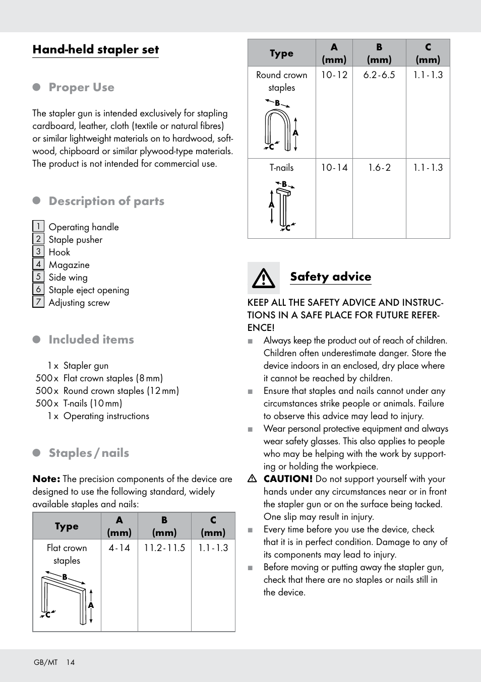 Hand-held stapler set, Proper use, Description of parts | Included items, Staples / nails, Safety advice | Powerfix  Z16531 User Manual | Page 14 / 20
