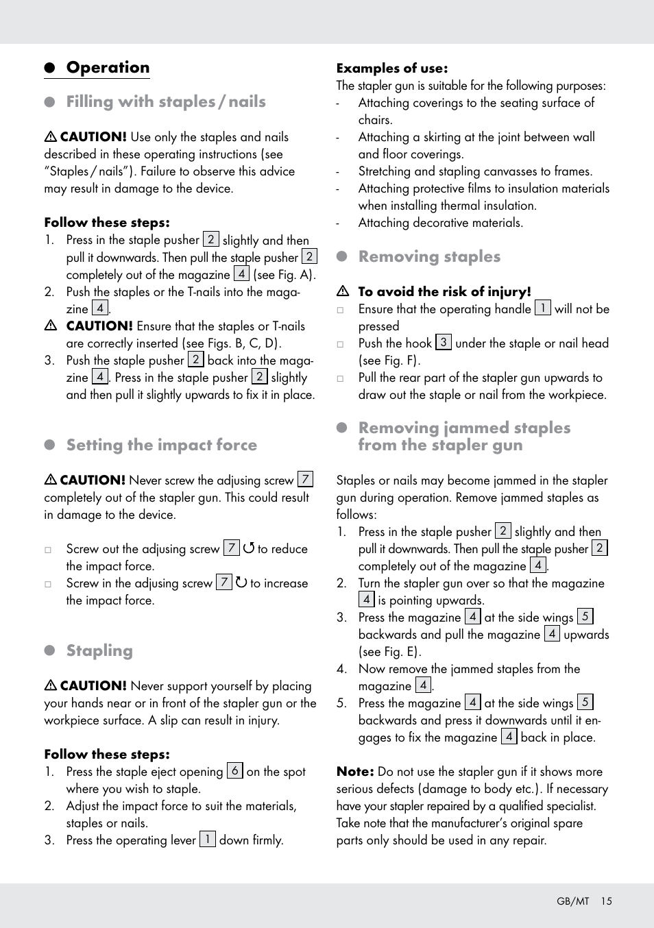 Operation, Filling with staples / nails, Setting the impact force | Stapling, Removing staples, Removing jammed staples from the stapler gun | Powerfix  Z16531 User Manual | Page 15 / 20