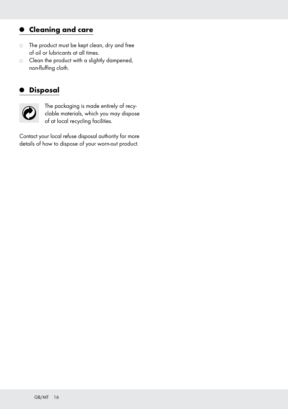 Cleaning and care, Disposal | Powerfix  Z16531 User Manual | Page 16 / 20