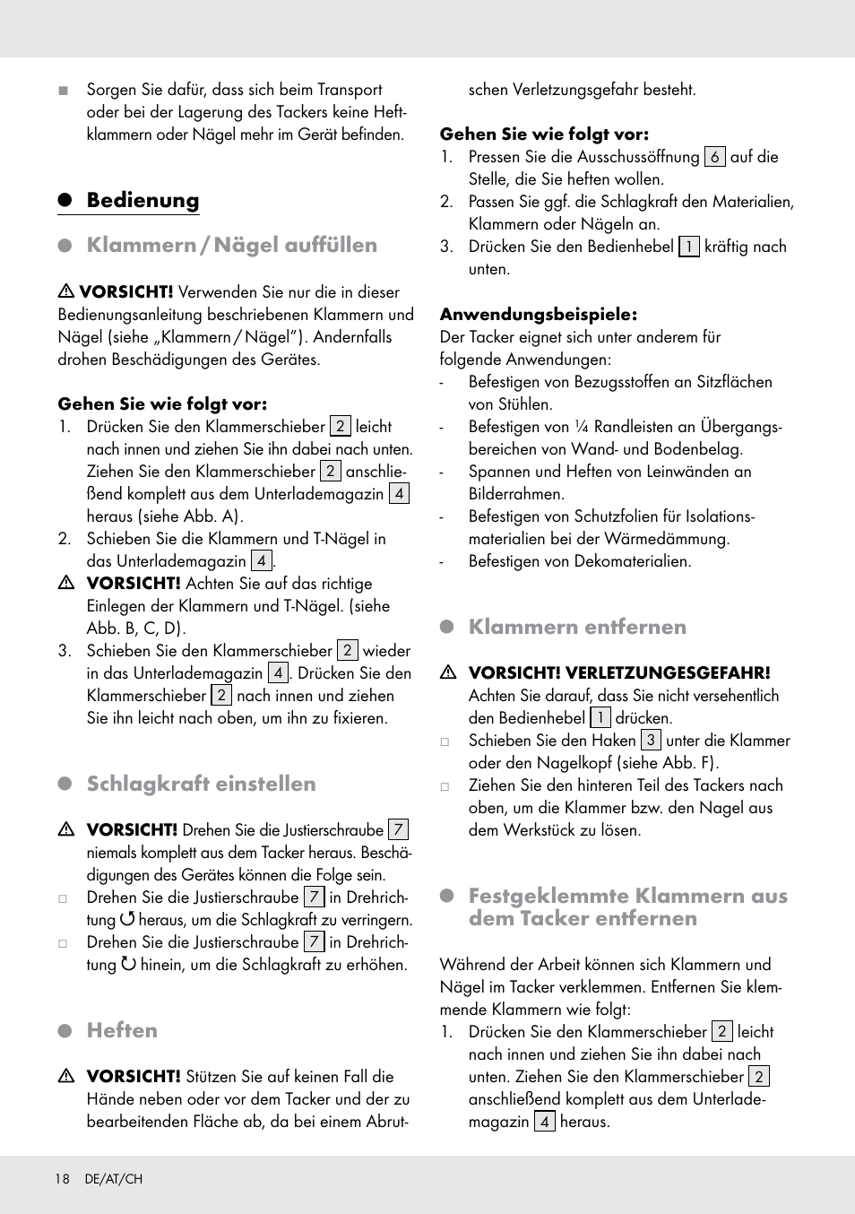Bedienung, Klammern / nägel auffüllen, Schlagkraft einstellen | Heften, Klammern entfernen, Festgeklemmte klammern aus dem tacker entfernen | Powerfix  Z16531 User Manual | Page 18 / 20
