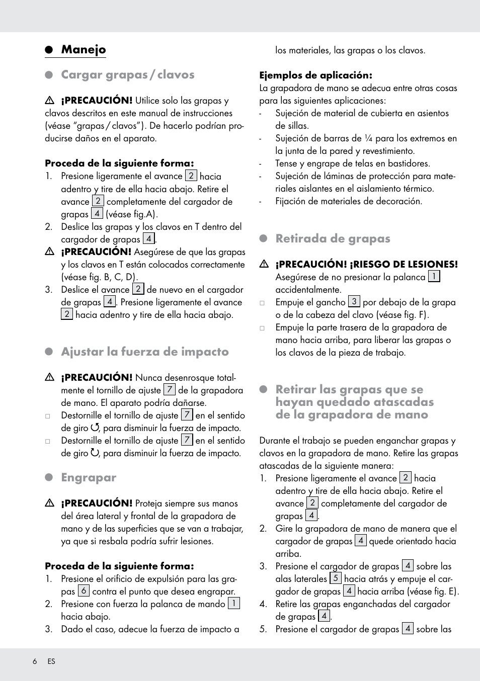 Manejo, Cargar grapas / clavos, Ajustar la fuerza de impacto | Engrapar, Retirada de grapas | Powerfix  Z16531 User Manual | Page 6 / 20