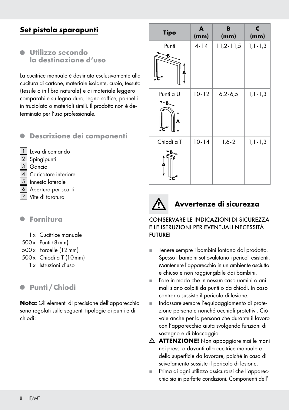 Set pistola sparapunti, Utilizzo secondo la destinazione d‘uso, Descrizione dei componenti | Fornitura, Punti / chiodi, Avvertenze di sicurezza | Powerfix  Z16531 User Manual | Page 8 / 20