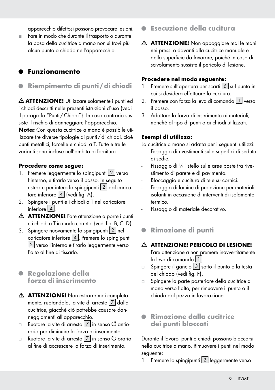 Funzionamento, Riempimento di punti / di chiodi, Regolazione della forza di inserimento | Esecuzione della cucitura, Rimozione di punti, Rimozione dalla cucitrice dei punti bloccati | Powerfix  Z16531 User Manual | Page 9 / 20