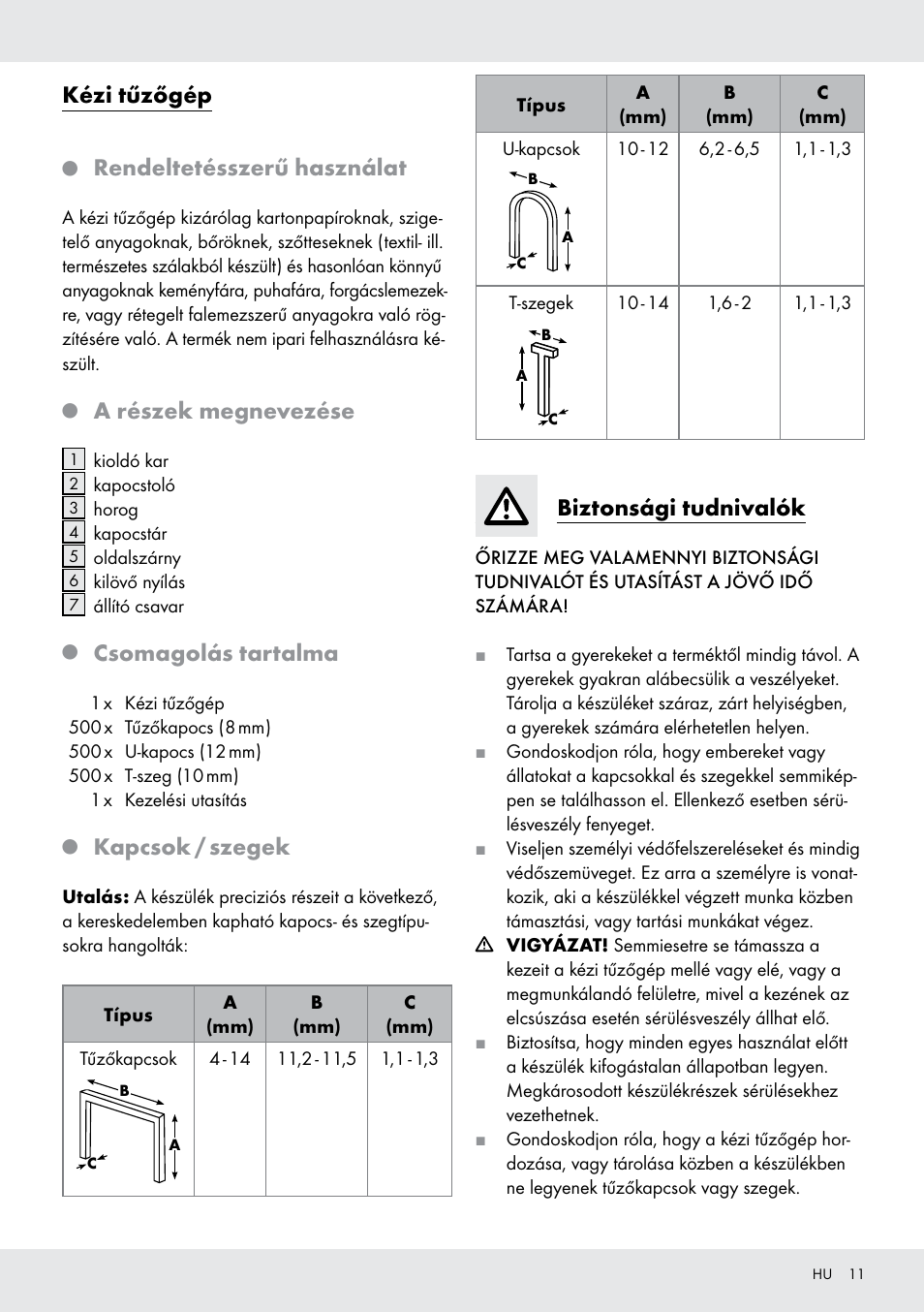 Kézi tűzőgép, Rendeltetésszerű használat, A részek megnevezése | Csomagolás tartalma, Kapcsok / szegek, Biztonsági tudnivalók | Powerfix  Z16531 User Manual | Page 11 / 26