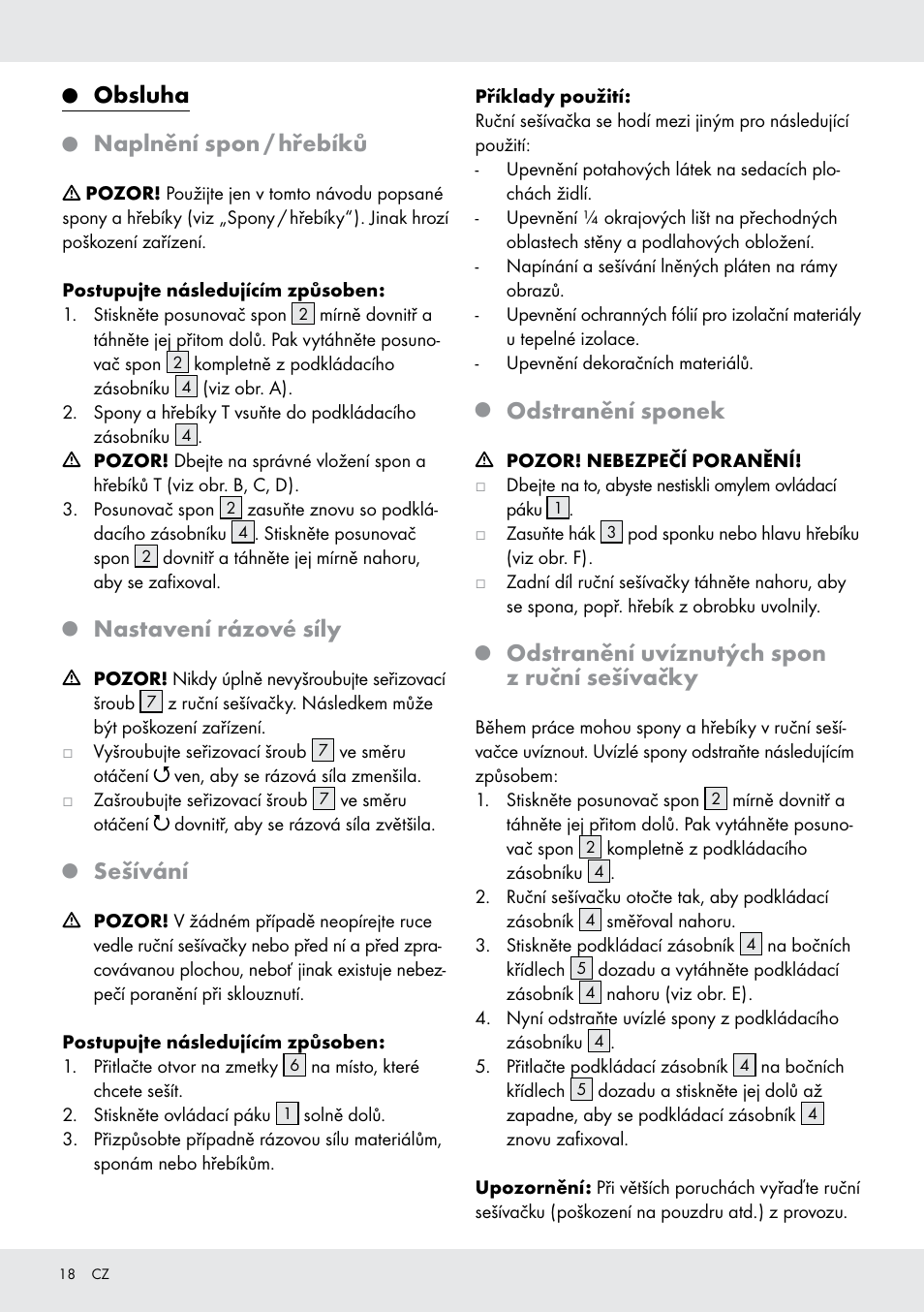 Obsluha, Naplnění spon / hřebíků, Nastavení rázové síly | Sešívání, Odstranění sponek, Odstranění uvíznutých spon z ruční sešívačky | Powerfix  Z16531 User Manual | Page 18 / 26