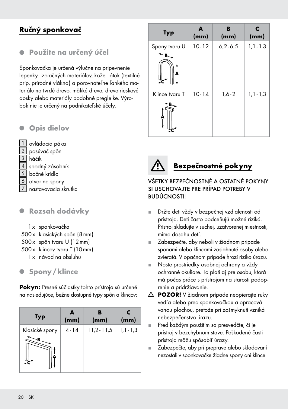 Ručný sponkovač, Použite na určený účel, Opis dielov | Rozsah dodávky, Spony / klince, Bezpečnostné pokyny | Powerfix  Z16531 User Manual | Page 20 / 26