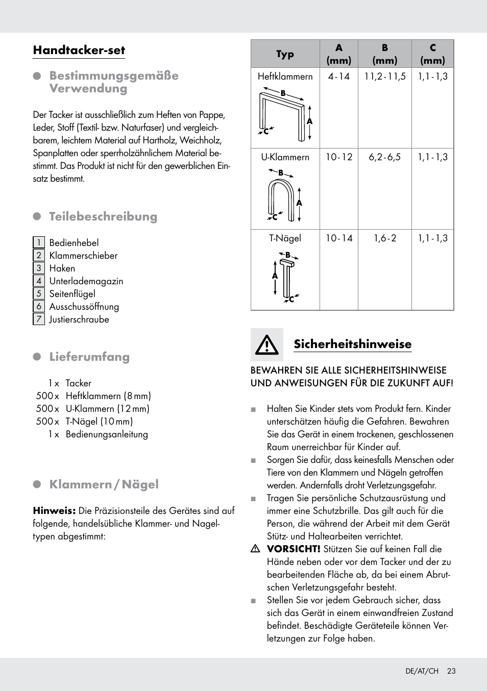 Handtacker-set, Bestimmungsgemäße verwendung, Teilebeschreibung | Lieferumfang, Klammern / nägel, Sicherheitshinweise | Powerfix  Z16531 User Manual | Page 23 / 26