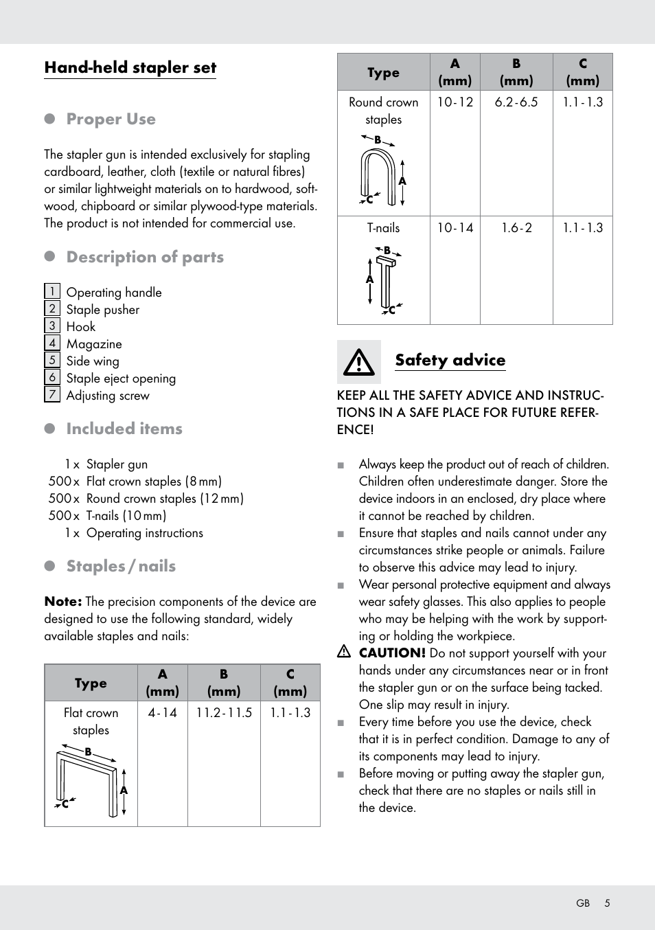 Hand-held stapler set, Proper use, Description of parts | Included items, Staples / nails, Safety advice | Powerfix  Z16531 User Manual | Page 5 / 26
