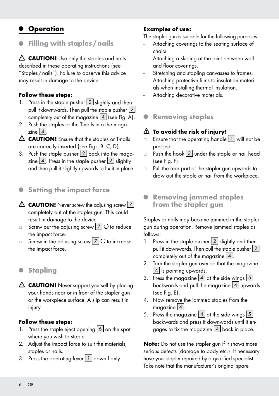 Operation, Filling with staples / nails, Setting the impact force | Stapling, Removing staples, Removing jammed staples from the stapler gun | Powerfix  Z16531 User Manual | Page 6 / 26