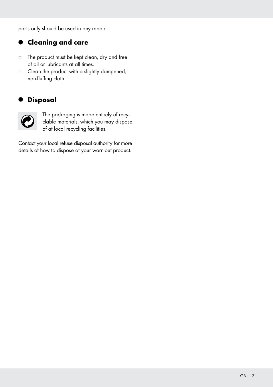 Cleaning and care, Disposal | Powerfix  Z16531 User Manual | Page 7 / 26