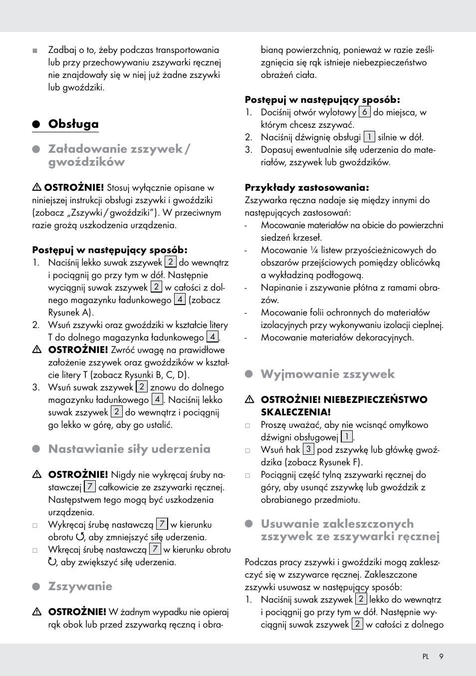 Obsługa, Załadowanie zszywek / gwoździków, Nastawianie siły uderzenia | Zszywanie, Wyjmowanie zszywek | Powerfix  Z16531 User Manual | Page 9 / 26