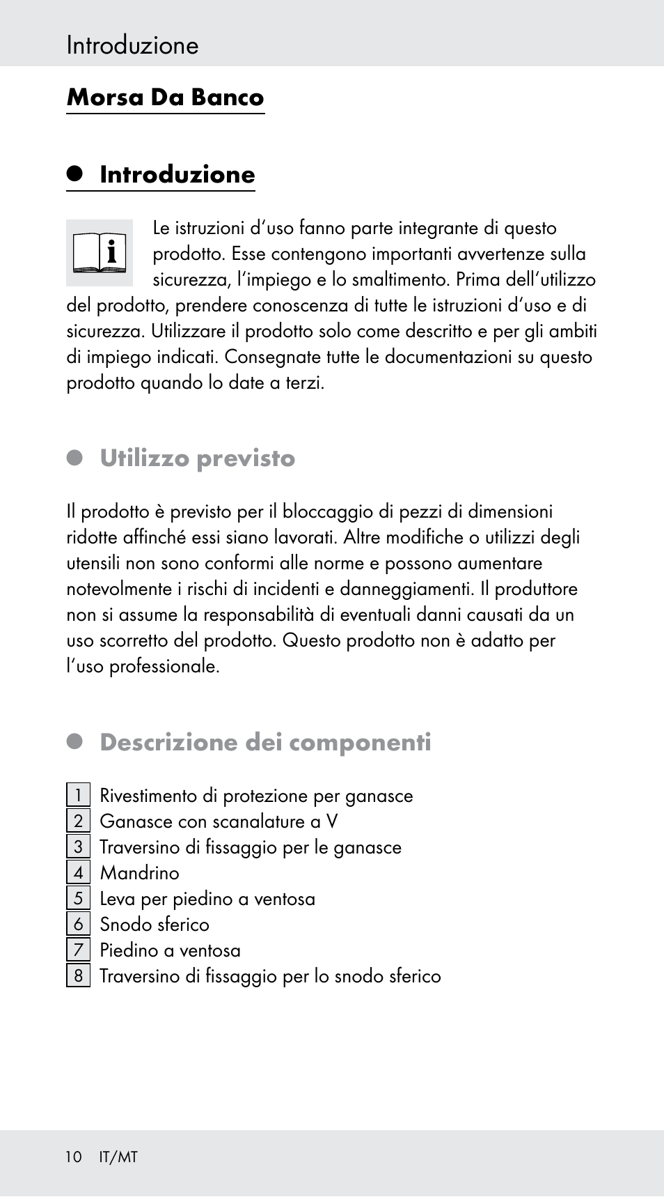 Introduzione, Morsa da banco, Utilizzo previsto | Descrizione dei componenti | Powerfix Z29760B User Manual | Page 10 / 29