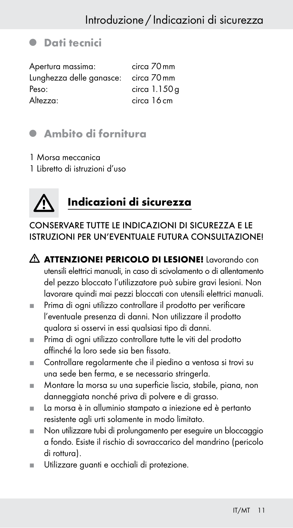 Introduzione / indicazioni di sicurezza, Dati tecnici, Ambito di fornitura | Indicazioni di sicurezza | Powerfix Z29760B User Manual | Page 11 / 29