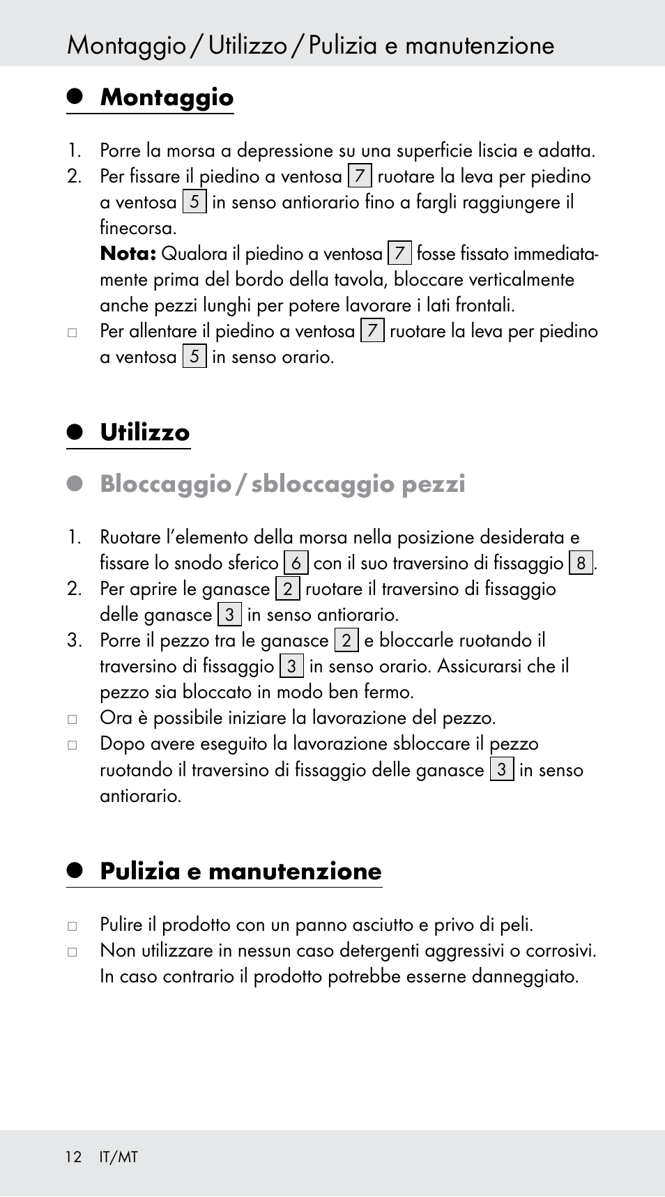 Montaggio / utilizzo / pulizia e manutenzione, Montaggio, Utilizzo | Bloccaggio / sbloccaggio pezzi, Pulizia e manutenzione | Powerfix Z29760B User Manual | Page 12 / 29