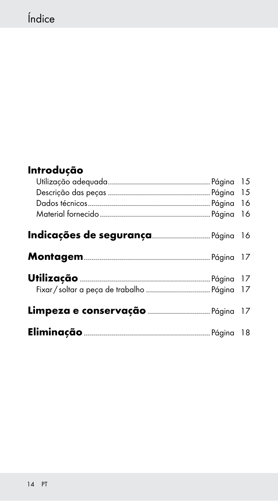 Índice, Introdução, Indicações de segurança | Montagem, Utilização, Limpeza e conservação, Eliminação | Powerfix Z29760B User Manual | Page 14 / 29