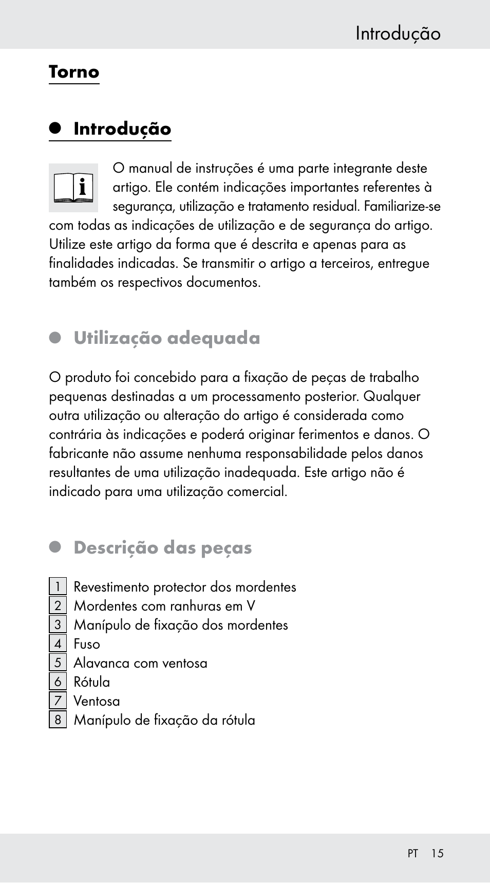 Introdução, Torno, Utilização adequada | Descrição das peças | Powerfix Z29760B User Manual | Page 15 / 29