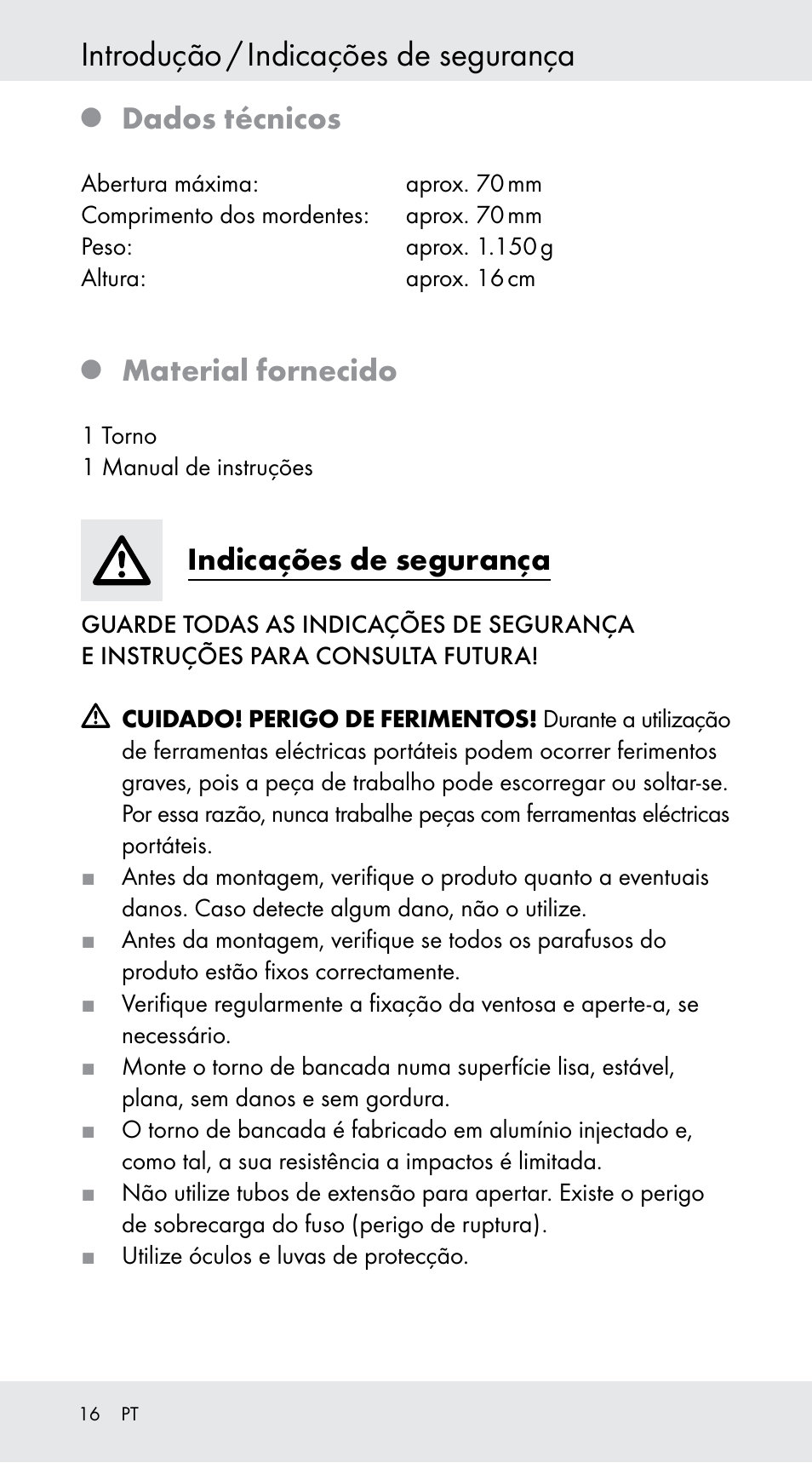 Introdução / indicações de segurança, Dados técnicos, Material fornecido | Indicações de segurança | Powerfix Z29760B User Manual | Page 16 / 29