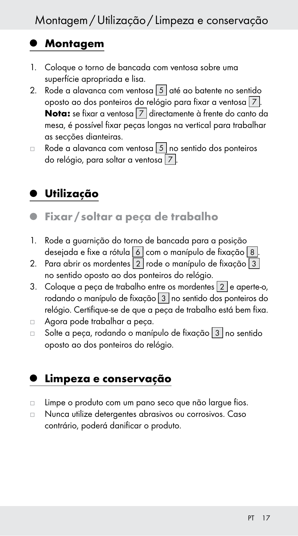 Montagem / utilização / limpeza e conservação, Montagem, Utilização | Fixar / soltar a peça de trabalho, Limpeza e conservação | Powerfix Z29760B User Manual | Page 17 / 29