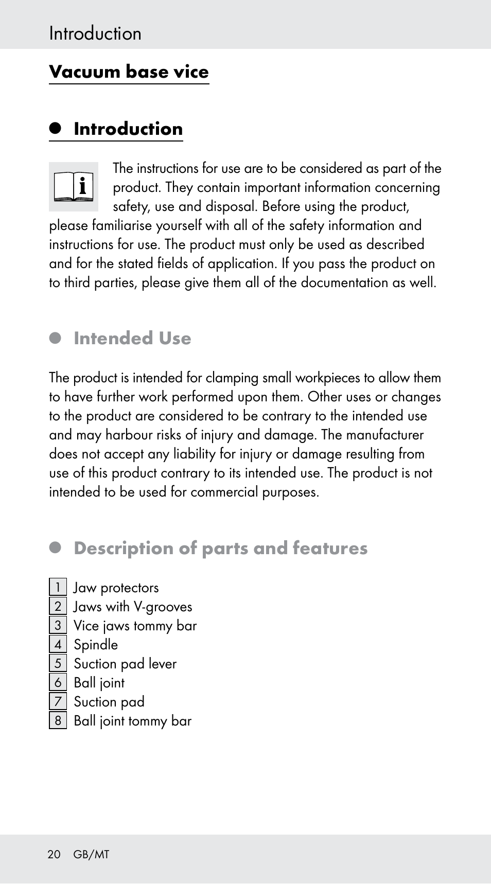 Introduction, Vacuum base vice, Intended use | Description of parts and features | Powerfix Z29760B User Manual | Page 20 / 29