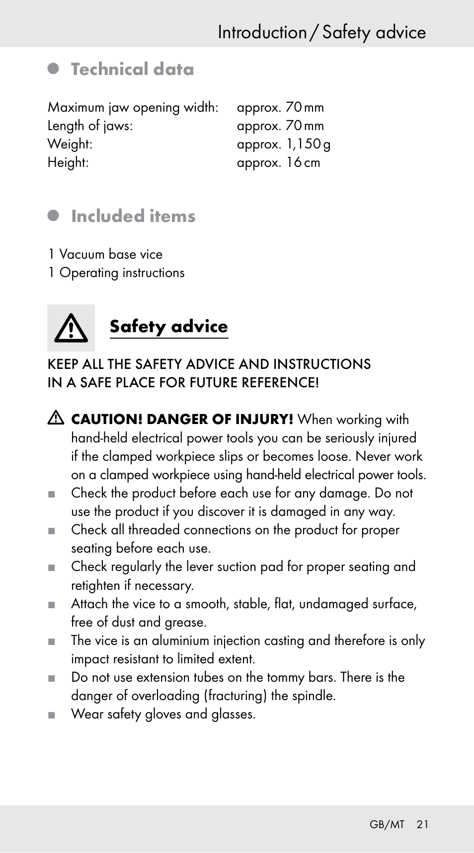 Introduction / safety advice, Technical data, Included items | Safety advice | Powerfix Z29760B User Manual | Page 21 / 29