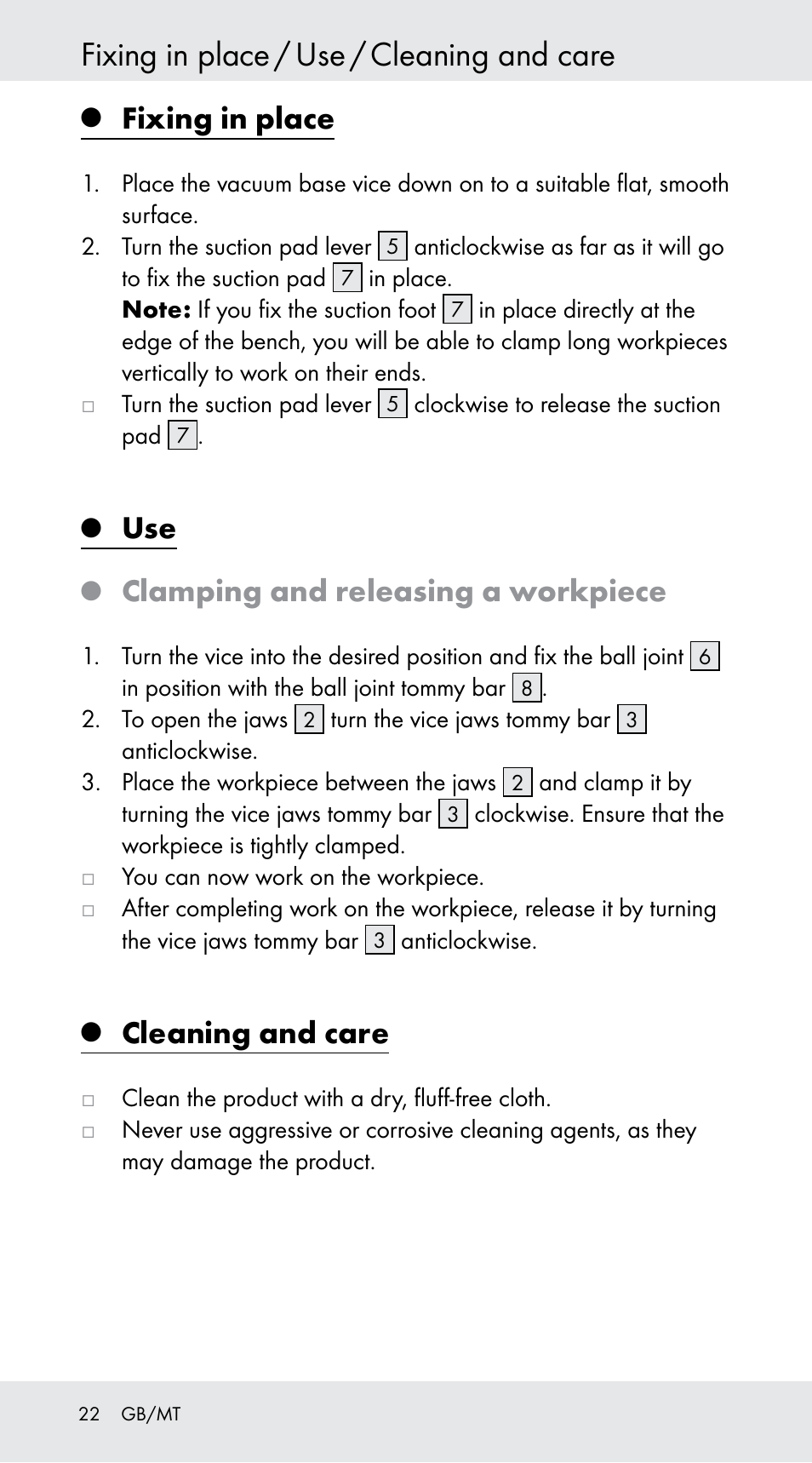 Fixing in place / use / cleaning and care, Fixing in place, Clamping and releasing a workpiece | Cleaning and care | Powerfix Z29760B User Manual | Page 22 / 29