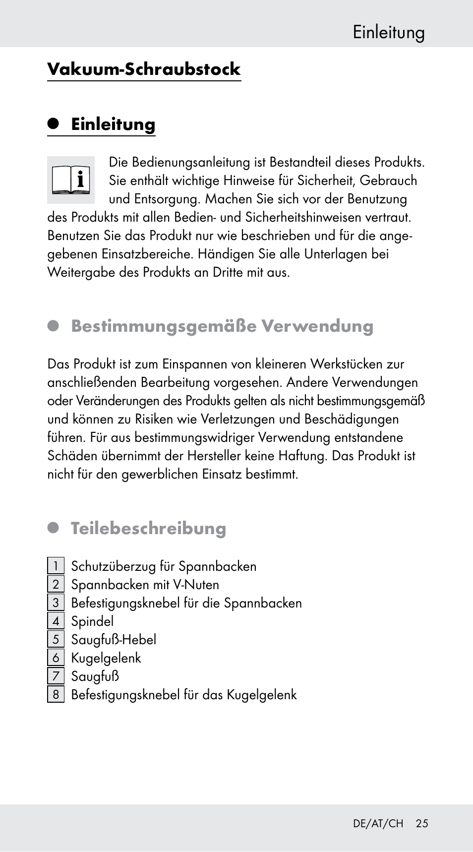 Einleitung, Vakuum-schraubstock, Bestimmungsgemäße verwendung | Teilebeschreibung | Powerfix Z29760B User Manual | Page 25 / 29