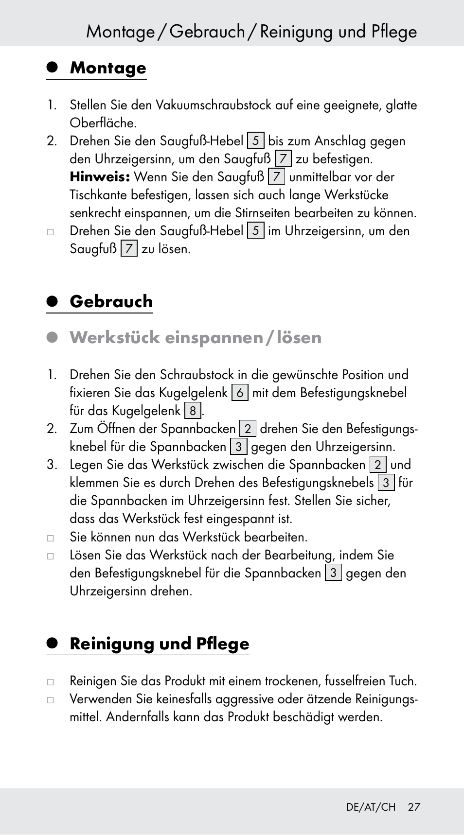 Montage / gebrauch / reinigung und pflege, Montage, Gebrauch | Werkstück einspannen / lösen, Reinigung und pflege | Powerfix Z29760B User Manual | Page 27 / 29