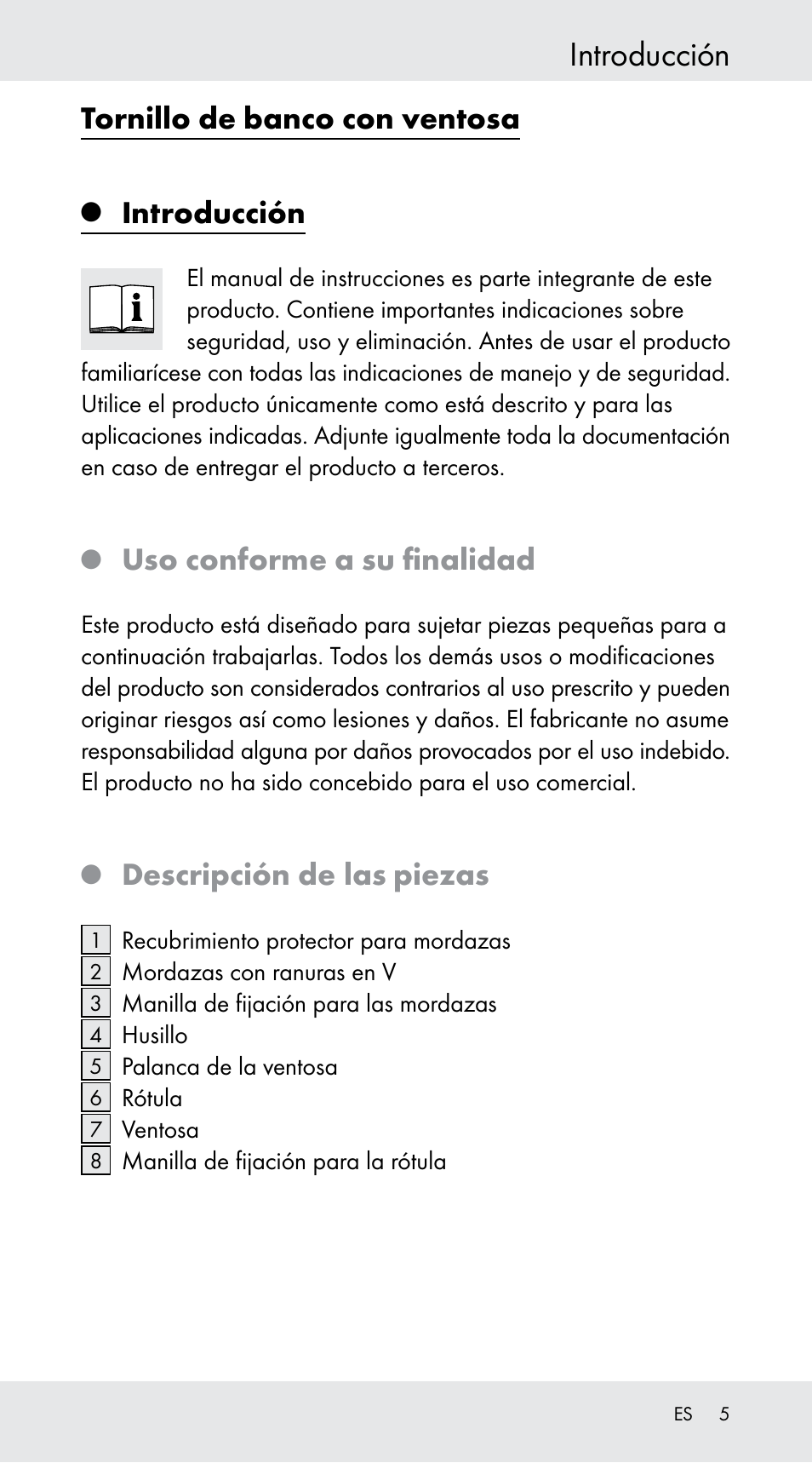 Introducción, Tornillo de banco con ventosa, Uso conforme a su finalidad | Descripción de las piezas | Powerfix Z29760B User Manual | Page 5 / 29