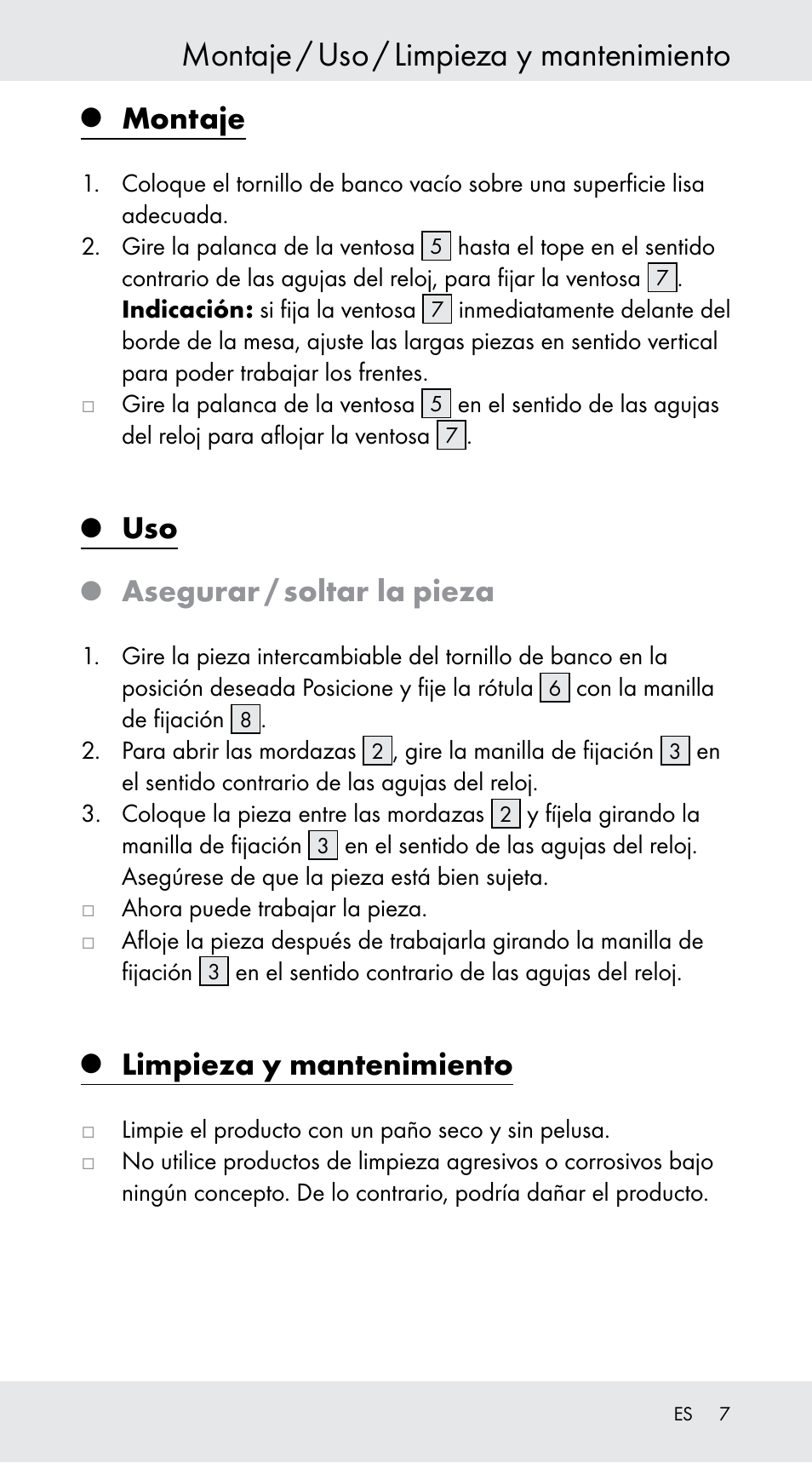 Montaje / uso / limpieza y mantenimiento, Montaje, Asegurar / soltar la pieza | Limpieza y mantenimiento | Powerfix Z29760B User Manual | Page 7 / 29