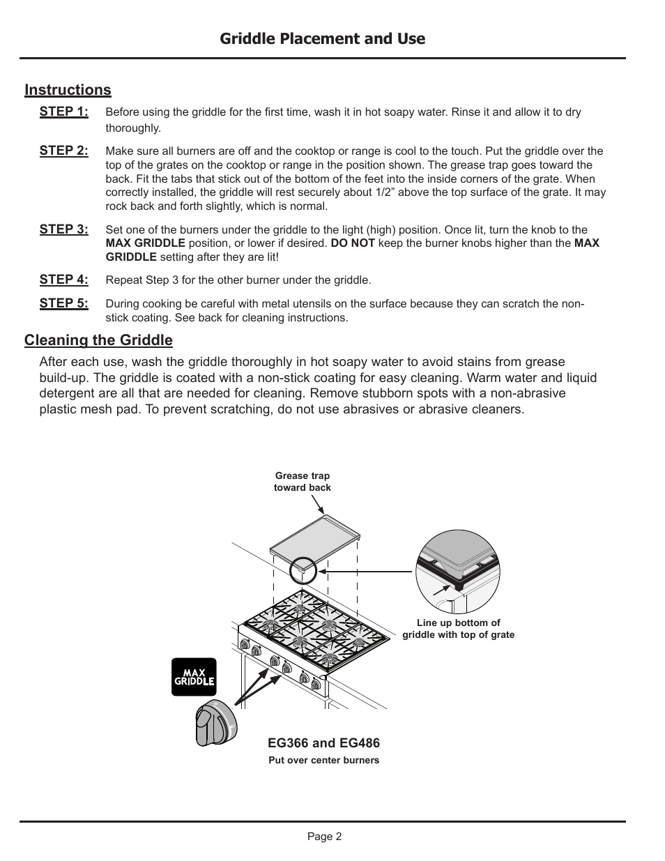 Griddle placement and use, Instructions, Cleaning the griddle | Dacor ER30G User Manual | Page 2 / 4