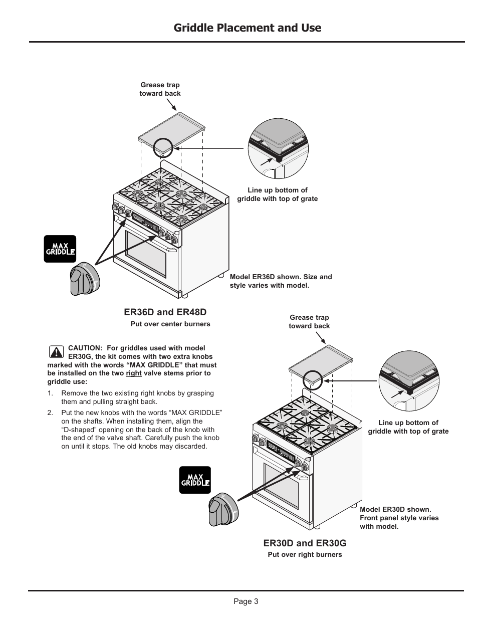 Griddle placement and use, Er30d and er30g, Er36d and er48d | Dacor ER30G User Manual | Page 3 / 4