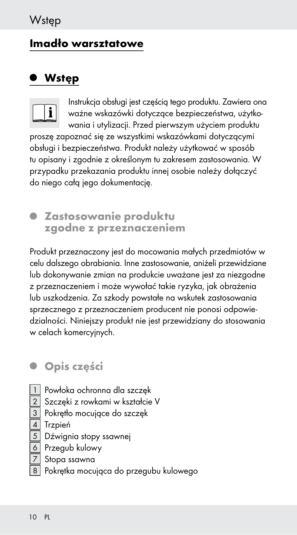 Wstęp, Imadło warsztatowe, Zastosowanie produktu zgodne z przeznaczeniem | Opis części | Powerfix Z29760B User Manual | Page 10 / 39