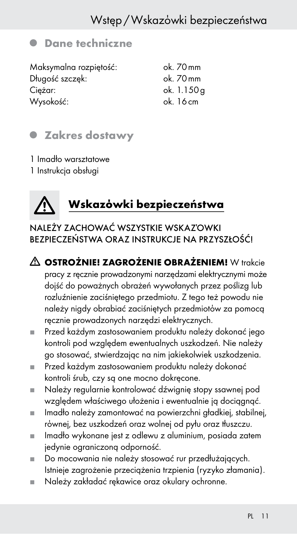 Wstęp / wskazόwki bezpieczeństwa, Dane techniczne, Zakres dostawy | Wskazόwki bezpieczeństwa | Powerfix Z29760B User Manual | Page 11 / 39