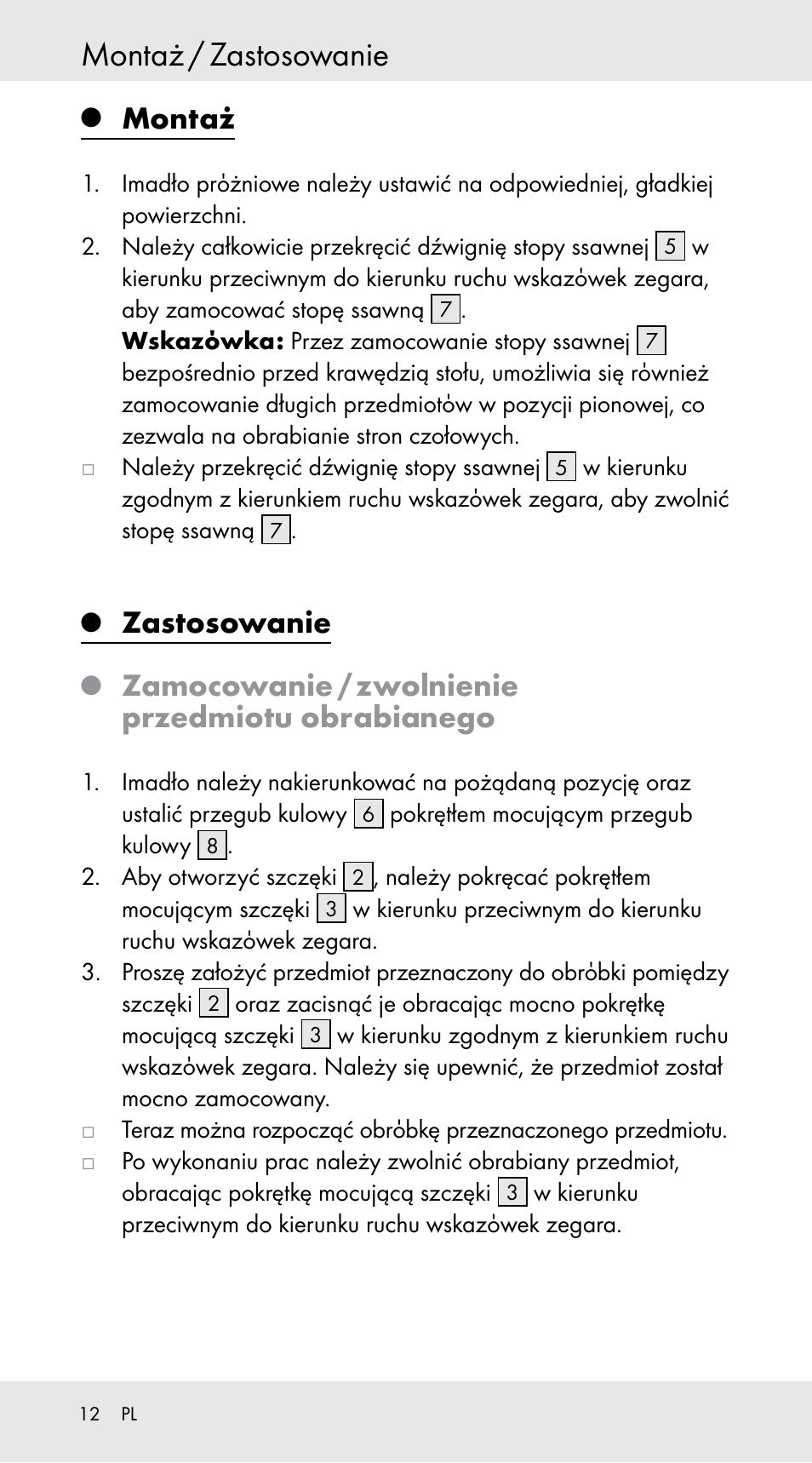 Montaż / zastosowanie, Montaż, Zastosowanie | Zamocowanie / zwolnienie przedmiotu obrabianego | Powerfix Z29760B User Manual | Page 12 / 39