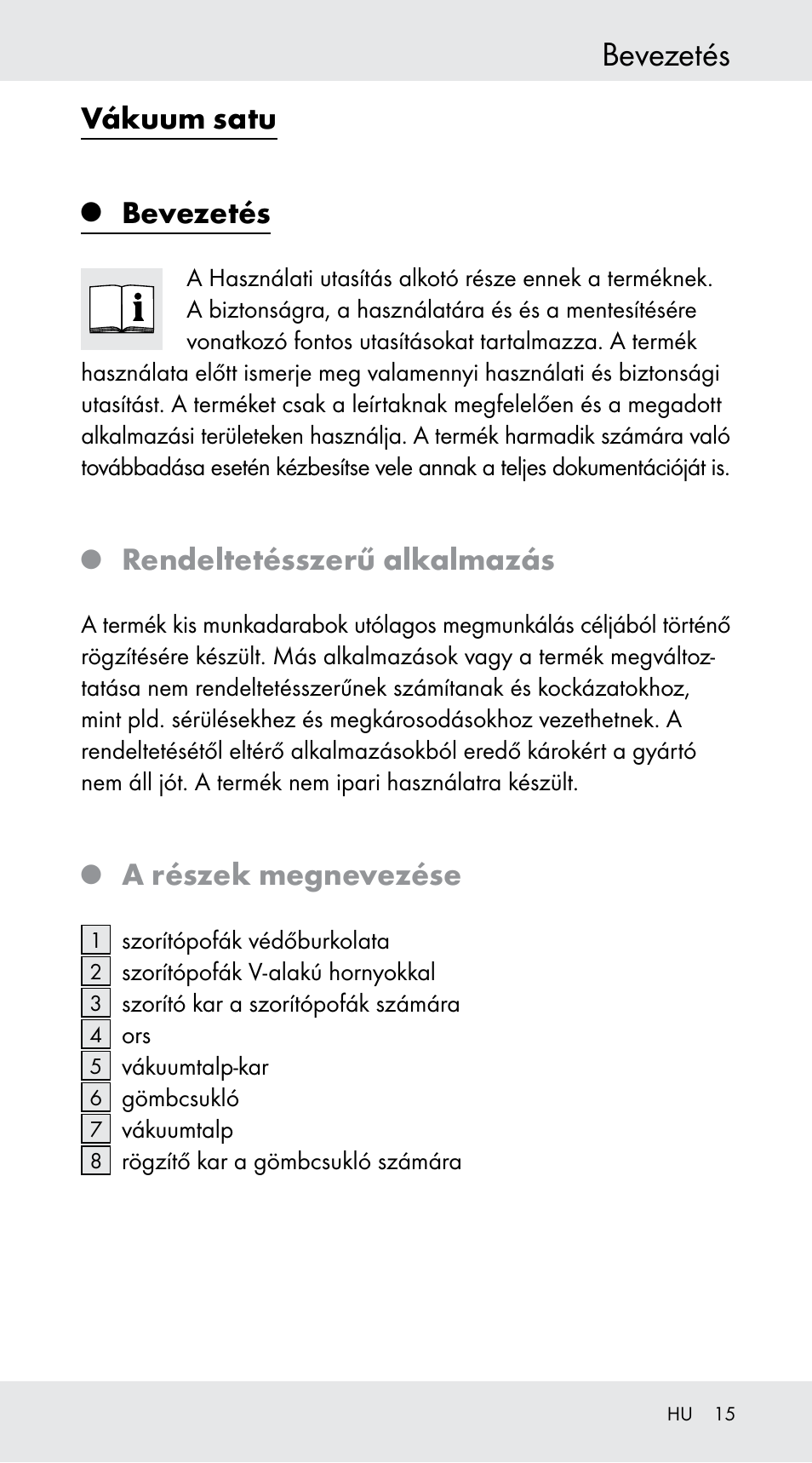 Bevezetés, Vákuum satu, Rendeltetésszerű alkalmazás | A részek megnevezése | Powerfix Z29760B User Manual | Page 15 / 39