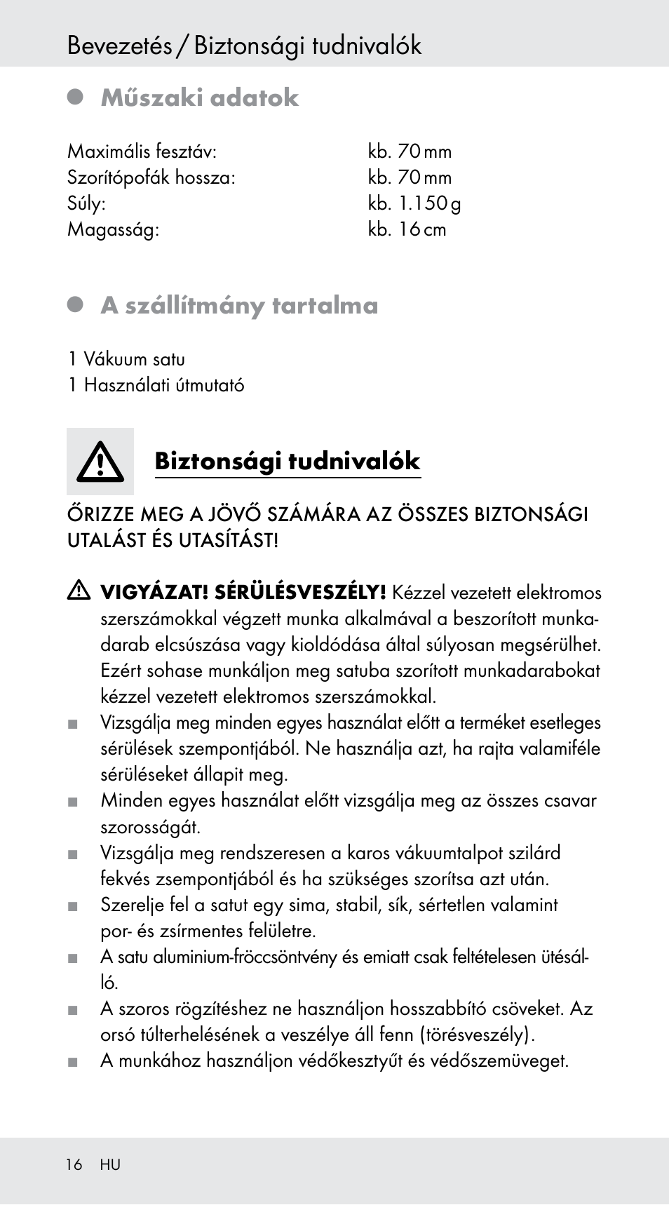 Bevezetés / biztonsági tudnivalók, Műszaki adatok, A szállítmány tartalma | Biztonsági tudnivalók | Powerfix Z29760B User Manual | Page 16 / 39