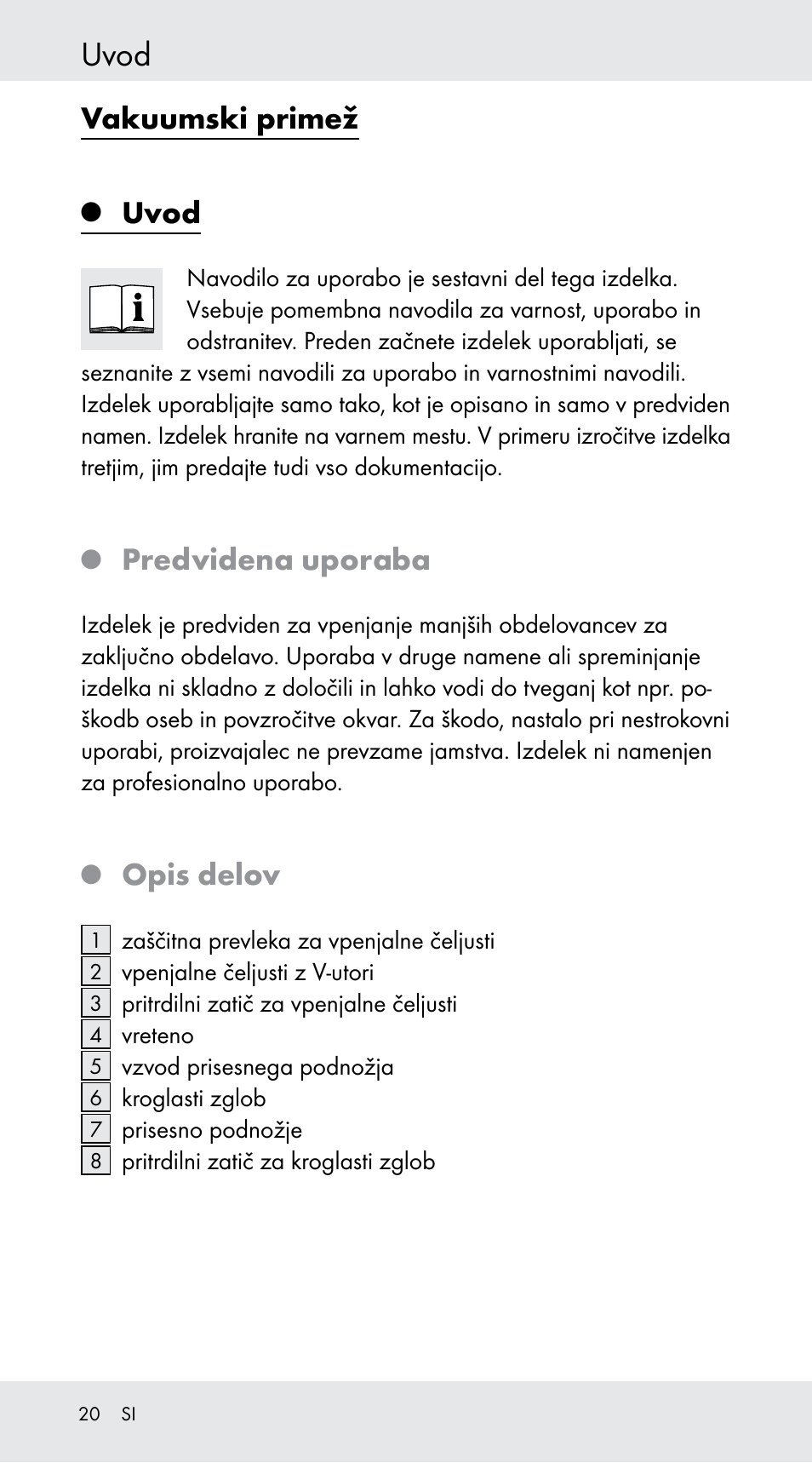 Uvod, Vakuumski primež, Predvidena uporaba | Opis delov | Powerfix Z29760B User Manual | Page 20 / 39