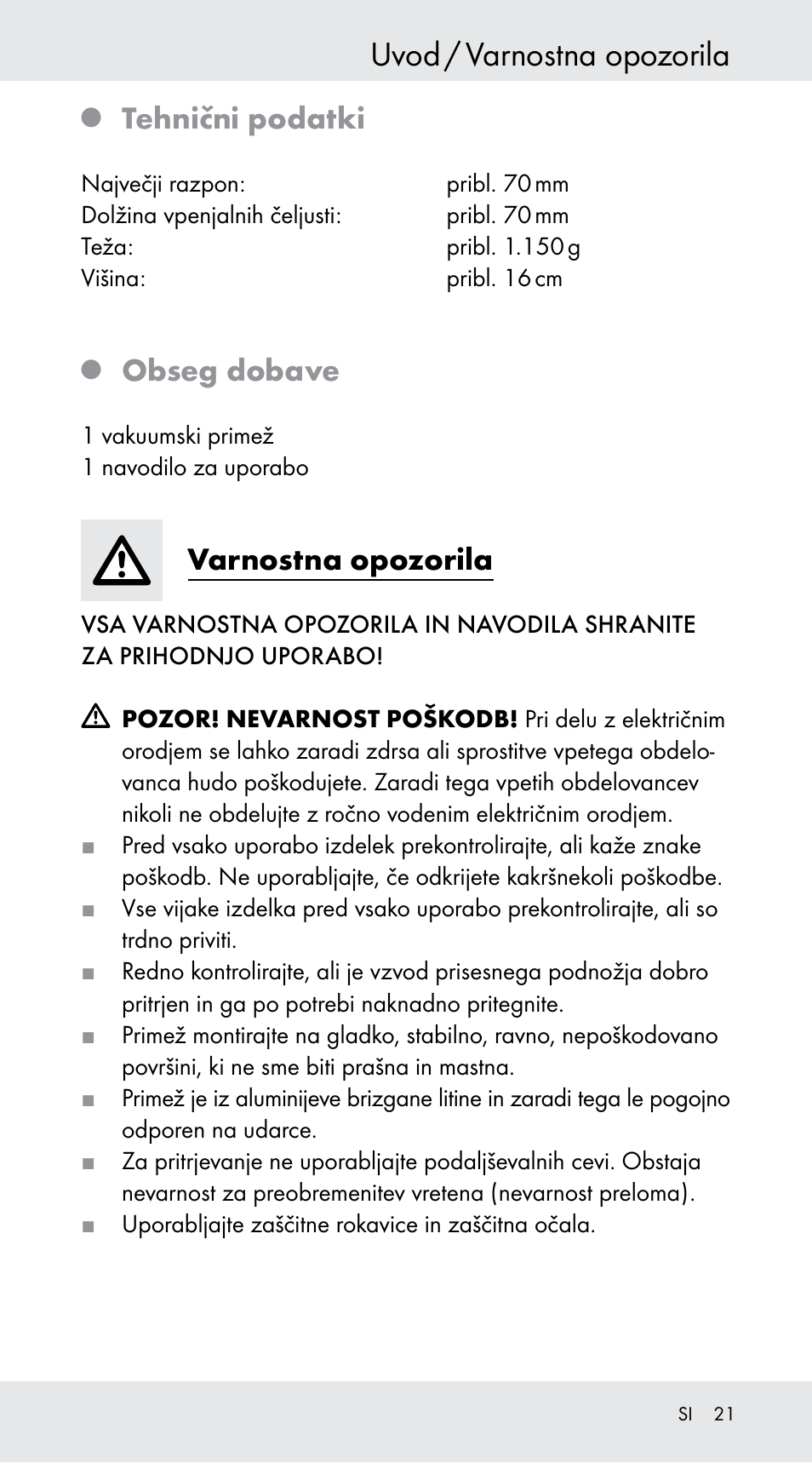 Uvod / varnostna opozorila, Tehnični podatki, Obseg dobave | Varnostna opozorila | Powerfix Z29760B User Manual | Page 21 / 39