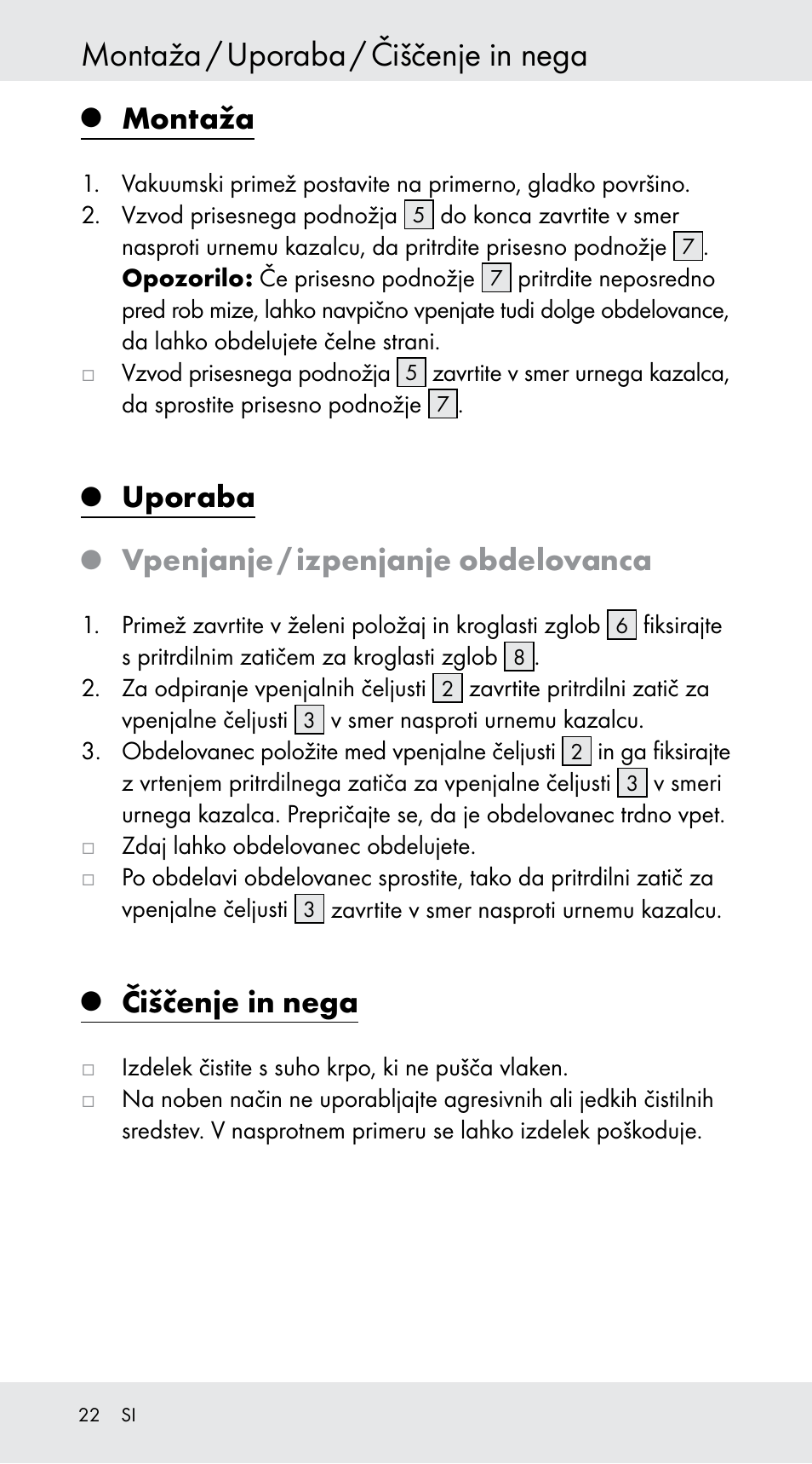 Montaža / uporaba / čiščenje in nega, Montaža, Uporaba | Vpenjanje / izpenjanje obdelovanca, Čiščenje in nega | Powerfix Z29760B User Manual | Page 22 / 39